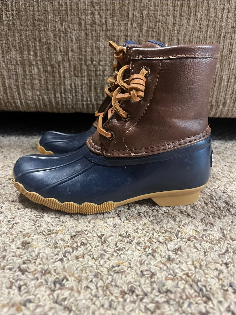 Sperry Navy and Brown Waterproof Duck Boots with Tan Laces